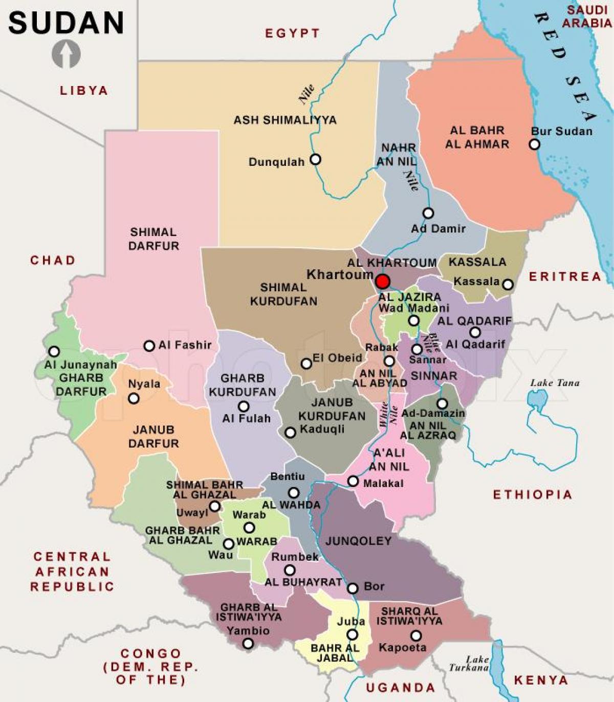 Kort over Sudan regioner
